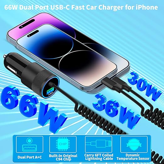 [Apple MFi Certified] iPhone Car Charger Fast Charging, 4.8A USB Power Cigarette Lighter Car Carplay Charger Adapter with 6FT Coiled Lightning Cable for iPhone 14 13 12 11 XS XR X 8 SE iPad
