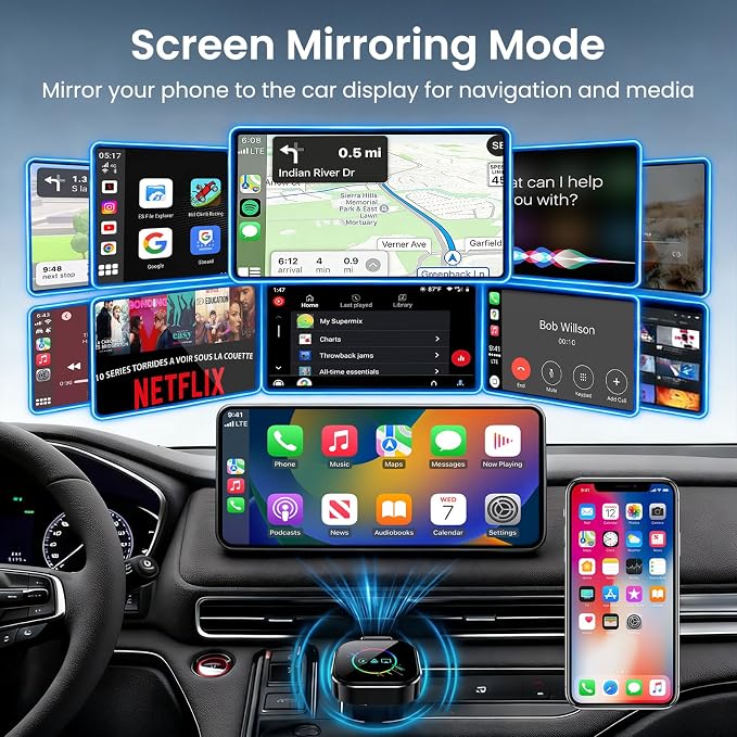 Wireless CarPlay Adapter for iPhone＆Android - 3 in 1 Dual Band WiFi 2.4G/5G & Bluetooth 5.3 Airplay Mirror Link CarPlay Dongle with USB-A/Type-C Port, Plug & Play, OTA Update