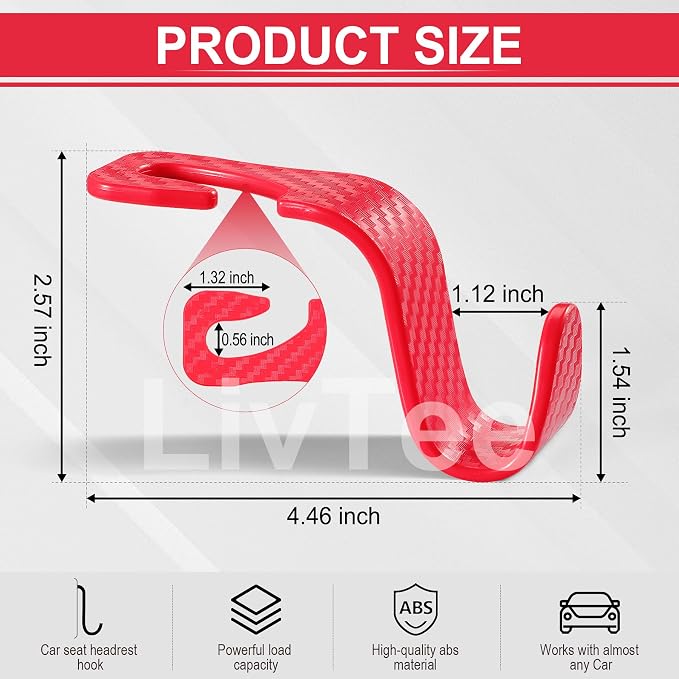 Car Purse Hook, Headrest Hook for Car, 4 Pack Universal Auto Car Seat Headrest Hook Hangers Organizer for Purse Coat Umbrellas Grocery Bags Handbag, Car Accessories - Carbon Fiber Red