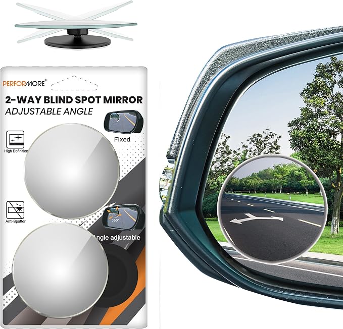 Performore 2 Pack of Blind Spot Car Mirrors, 2 Inch Round Adjustable HD Glass Convex Rear View Wide Angle Side Mirror Blindspot with Self Adhesive Back for Universal Vehicles