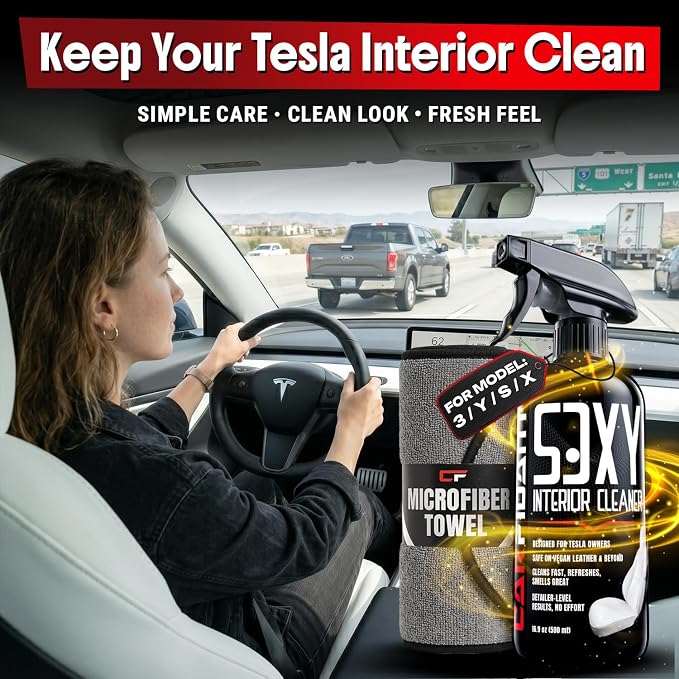 Tesla Interior Cleaner - White Seat & Stain Remover for Model 3, Y, X, S - Safe on Vegan Leather - Removes Dirt, Oils & Light Stains - No Residue - Light Citrus Scent - 16oz Kit