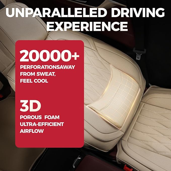 Beige Car Seat Cover Full Set - Faux Nappa Leather Seat Covers for Cars, Ultra Breathable Waterproof Front Seats Cushion Protectors with Lumbar Support, Universal Fit for Sedans SUVs Pickups