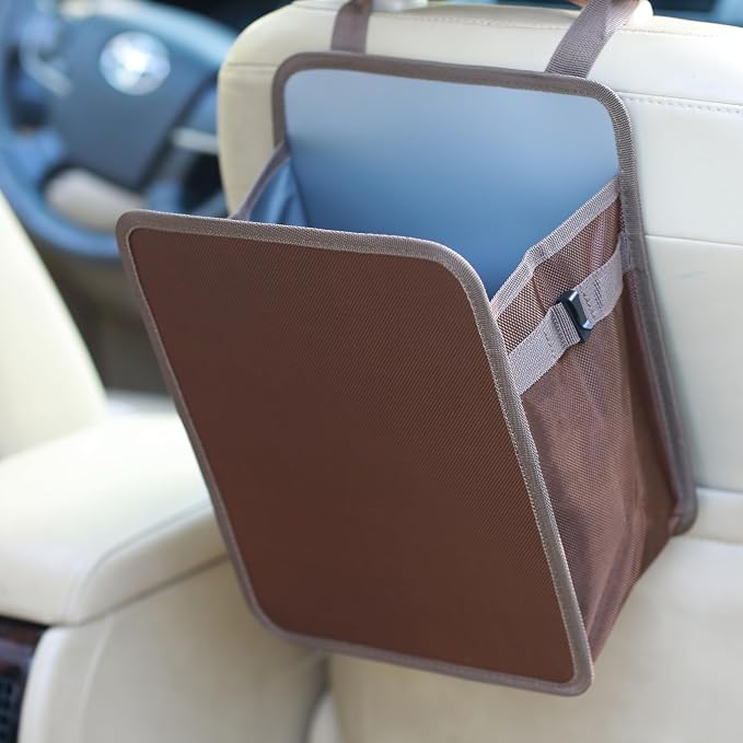 3 Gallons Open-Top Car Trash Can, Large Capacity Hanging Car Trash Bag with Water-Proof PEVA Liner, Stand Car Trash Bag Foldable Car Storage Bag for Cars SUV Truck (Brown)