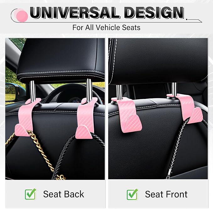 Universal 4 Pack Car Seat Headrest Purse Hook, Carbon Fiber Back Seat Hook Storage Organizer Hanger for Purse Handbag Coat, Car Interior Accessories(Pink)