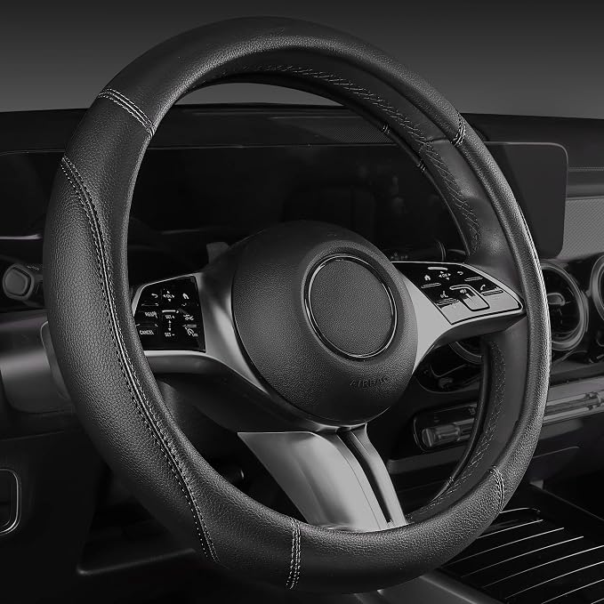 Microfiber Leather Steering Wheel Cover and Waterproof Car Floor Mats,Universal Car Combo Fit for 95% Sedan,SUV,Cars,14.5-15inch Anti-Slip Safety Comfortable Faux Leather Design(Solid Black)