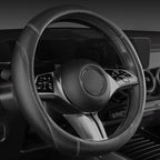 Microfiber Leather Steering Wheel Cover and Waterproof Car Floor Mats,Universal Car Combo Fit for 95% Sedan,SUV,Cars,14.5-15inch Anti-Slip Safety Comfortable Faux Leather Design(Solid Black)