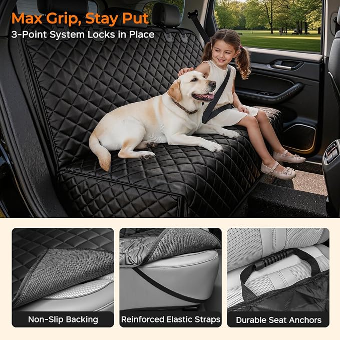 Dog Car Seat Cover for Back Seat - Waterproof Non-Slip Car Seat Protector for Dogs Pet, Scratchproof Back Bench Seat Covers for Compact Cars Small SUVs, Black