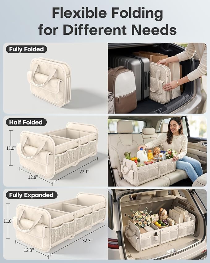 Car Trunk Organizer for Women & Men Foldable SUV Storage Accessories | 3 Compartments, Road Trip, Camping, Shopping, for Tools & Outdoor Storage, Fits Truck, Van, Sedan, Beige, 32.3" x 12.8" x 11"