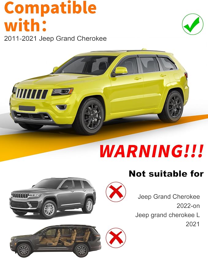 6-pcs Low-Profile Window Rain Guard for 2011-2021 Jeep Grand Cherokee Rain Guards Side Window Visors Extra-Thick Vent Visor Window Deflectors Tape-on Vent Shades Car Accessories
