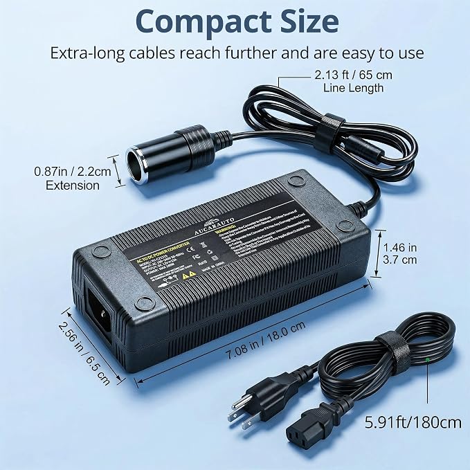 180W 15A AC to DC Converter with Fast Cooling Fan 110V to 12V Power Supply 7.64FT Car Cigarette Lighter Adapter AC to DC Adapter for Car Inflator Refrigerator and Other Car Devices