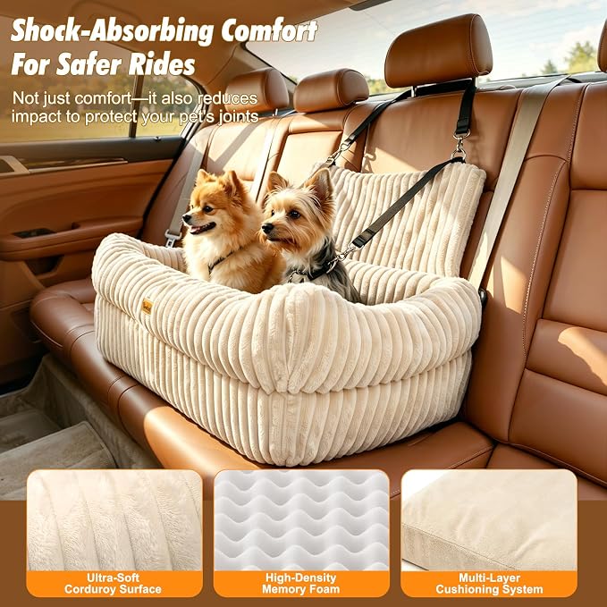 Dog Car Seat, Dog Booster Car Seats with Memory Foam, Thickened Cushion & Washable Removable Cover, Pet Travel Carseat Bed with Safety Leashes for Medium/Large Dogs or 2 Small Dogs, Beige