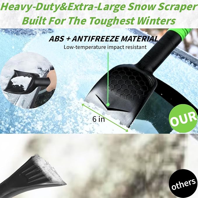 Snow Shovel & Ice Scrapers for Car Windshield, Snow Brush and Ice Scraper with Squeegee, Snow Removal Tool, Winter Car Accessories,Extendable Aluminum Handle, 180°Pivoting Brush Head, Green