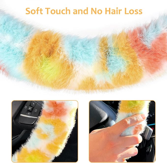 Fuzzy Car Steering Wheel Cover, Universal Fluffy Auto Wheel Cover & Handbrake Cover & Gear Shift Cover Set, Soft Warm Steering Wheel Protector Car Accessories for Men Women Girls, Colorful