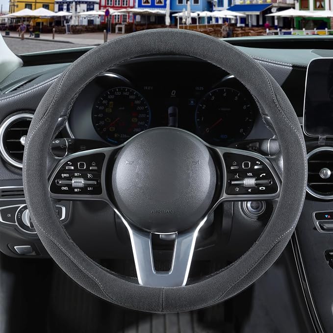 Gray Suede Steering Wheel Cover Large for Model X Model S Ford F150 F250 F350, Breathable Non-Slip Sweat-Proof Wear-Resistant, Warm in Winter and Cool in Summer, 15.5 inch to 16 inch