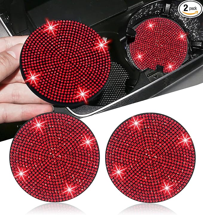 2pcs Bling Car Cup Holder Coaster, 2.75 inch Anti-Slip Shockproof Universal Fashion Car Coasters Insert Bling Crystal Rhinestone Automotive Interior Accessories for Women (2 pcs, Red)