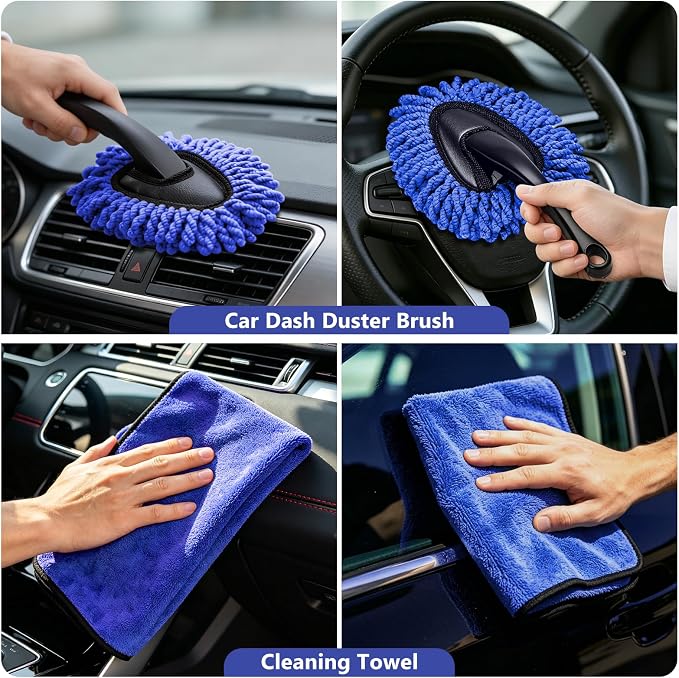 Windshield Cleaning Tool, 13PCS Car Detailing Kit Interior Cleaner, Car Window Cleaner with Extendable Handle, Car Interior Cleaning Kit with Detailing Brushes for Women Men (Blue)