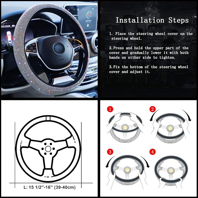 Pink Bling Steering Wheel Cover for Women Sparkly Rhinestone Bedazzled Car Accessories Diamond Cute 15.5-16 inch for Large Size Steering Wheel