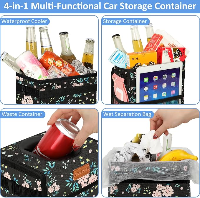 Car Trash Can Bin for Back Seat Leak Proof, Cute Car Trash Bag Hanging, Vehicle Trash Can for SUV Truck Van, Automotive Garbage Cans Front Seat Colorful Floral, 2 Gallons