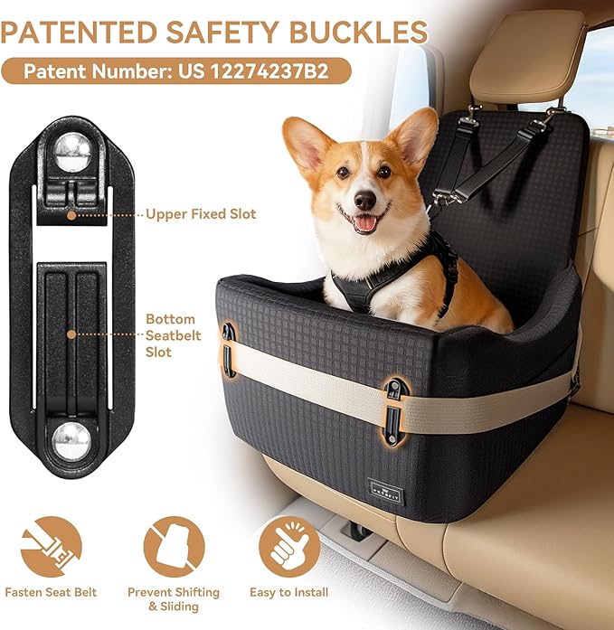 Dog Booster Car Seat for Small/Medium Dogs Up to 35 lbs – Patented Safety System, 5" Memory Foam Pet Car Seat, Fully Detachable and Washable Cover, Front/Back Seat Travel Booster (Black)