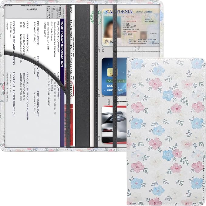 Premium Car Registration & Insurance Card Holder with Magnetic Shut, Vehicle Glove Box Car Organizer - For Documents, Cards, License (Floral A)