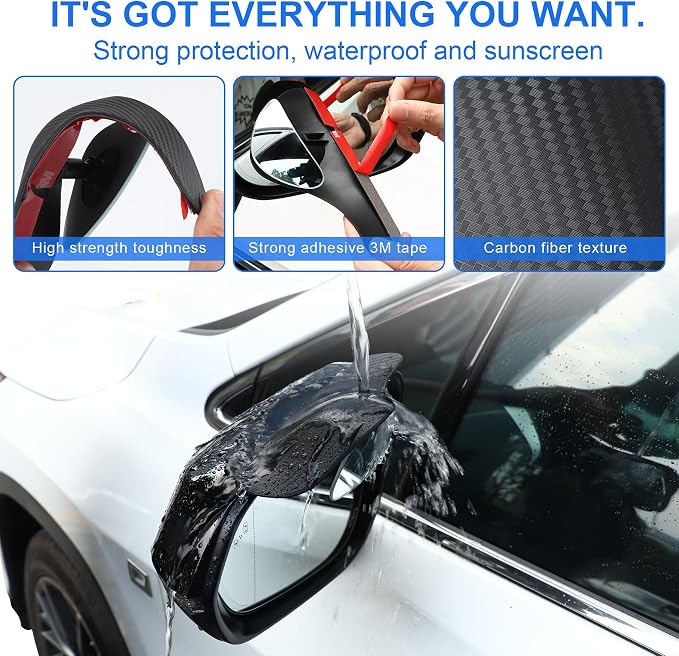Blind Spot Mirror with Side Mirror Rain Guard, Carbon Fiber 2-in-1 Side Mirror Covers Kit with Wide Angle Adjustable Stick for Cars SUV and Trucks, Pack of 2