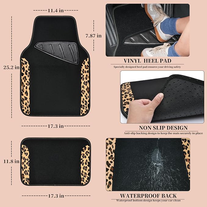 Waterproof Universal Fit Car Floor Mats, Leopard Print Car Mats Fit for SUV,Vans,sedans, Trucks,Set of 4pcs Car Carpet with Driver Heel Pad and Nibs Backing,for Cute Women Girl Brown Leopard