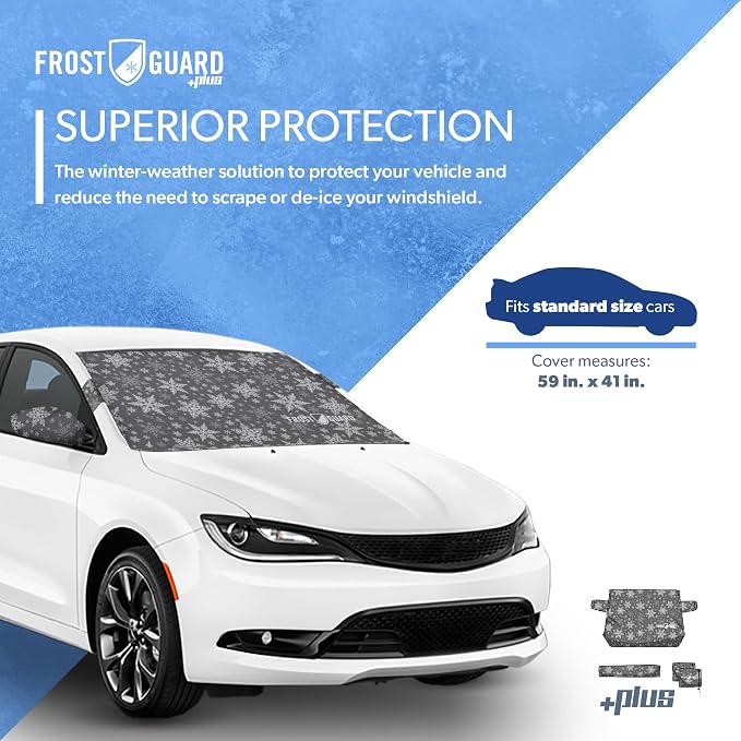 Plus | Winter Windshield Cover for Ice and Snow, Standard Size (Snowflake) - Built-in Security Panels, Wiper Blade Coverage + Mirror Covers - Fits Standard Size Cars, 59 x 41 Inches