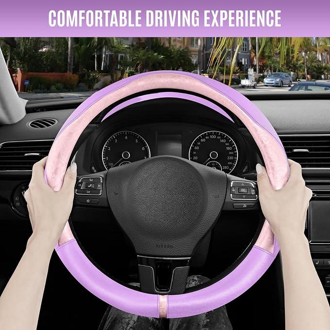 Steering Wheel Cover, Pink Patterned & Light Purple Leather Patchwork Design, Universal Fit 14.5"–15.5", Anti-Slip, Soft PU Grain Leather, Durable Grip Car Accessory for Girls & Women