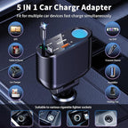 Retractable Car Charger Cigarette Lighter Adapter, 168W 5 in 1 Fast Phone Charging Built-in Replaceable Fuse, Socket Splitter with USB C and USB C Cord, Fit for Phone iPad Galaxy GPS, Grey
