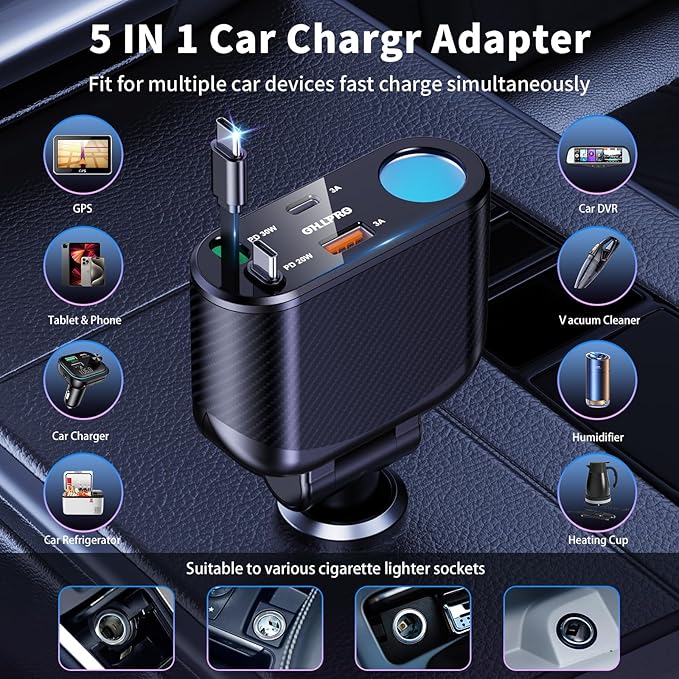 Retractable Car Charger Cigarette Lighter Adapter, 168W 5 in 1 Fast Phone Charging Built-in Replaceable Fuse, Socket Splitter with USB C and USB C Cord, Fit for Phone iPad Galaxy GPS, Grey
