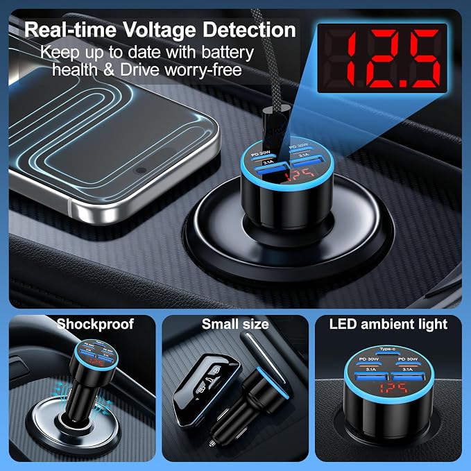 90W USB C Fast Car Charger, 2-Pack 5 Port USB C Car Phone Charger with Voltage Display, Dual PD 30W Multi Port Cigarette Lighter USB Charger for iPhone 17/Air/16/15 Pro Max,Galaxy S25/S24,iPad