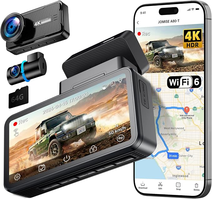 4K Dash Cam Front and Rear, 360° Interior Rear Camera for Cabin, Side & Rear - Dash Camera for Cars with 64GB Card, Low-Light Sensor, Wi-Fi 6 GPS, Touch Screen, HDR WDR, Support 1TB, A80T