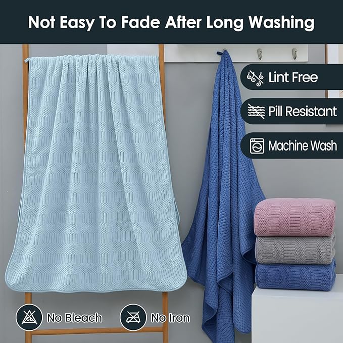 Microfiber Bath Towels, Large Bathroom Towel 2 Pack (30" x 60"), Oversized, Soft, Super Absorbent and Fast Drying, Multipurpose Use for Sport, Fitness, Yoga, Diamond Cross Grid Light Blue