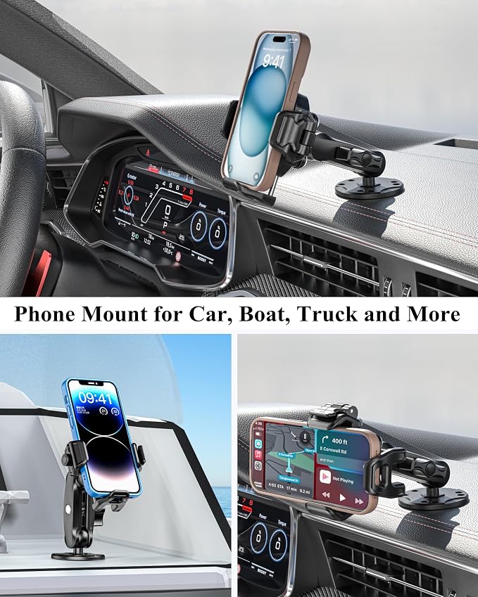 Anti-Theft Phone Mount Holder with Vibration Dampener, 1s Locking | Don't Block Camera, with Aluminum Round Base & Medium Arm, for Car Boat Truck Motorcycle UTV, Fit 5.4-7.2'' Smartphones