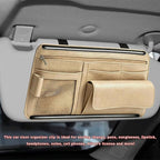 Car Sun Visor Organizer, Scratch-Resistant Auto Visor Glasses Storage Bag with Multi-Pocket Net Zipper, Waterproof Leather Sunshade Organizer Card Holder for Most Vehicles (Beige)