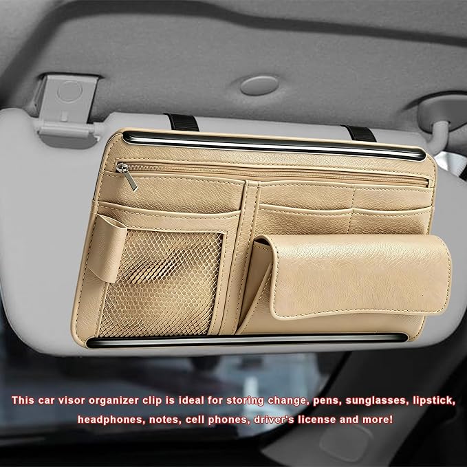 Car Sun Visor Organizer, Scratch-Resistant Auto Visor Glasses Storage Bag with Multi-Pocket Net Zipper, Waterproof Leather Sunshade Organizer Card Holder for Most Vehicles (Beige)