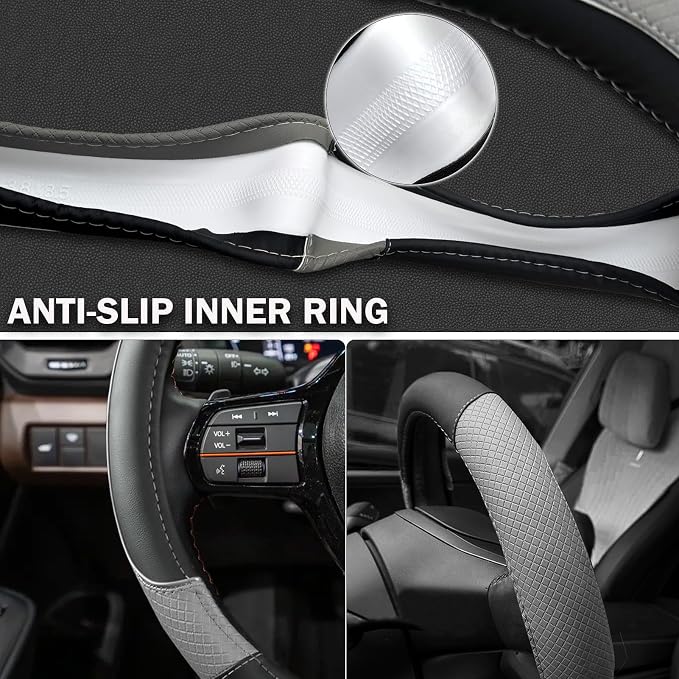 Auto Car Steering Wheel Cover for Hyundai,Tucson,Sonata,Elantra,Santa Fe,Genesis,Sonata Hybrid,Azera,Venue,Kona, 14.5-15 inches(Gray-Standard Size)