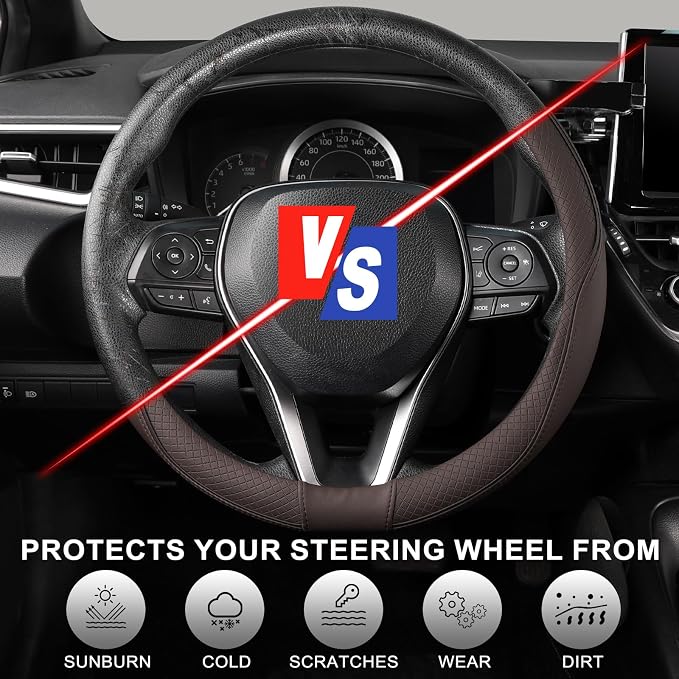 Steering Wheel Cover 14.5-15 inch (37-39 cm) Medium Size, Microfiber Leather, Non-Slip Comfortable Grip, Fits Cars Trucks SUVs, Chocolate Brown