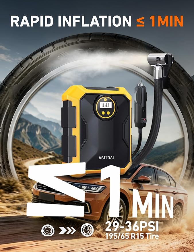 Tire Inflator Portable Air Compressor 12V DC 100PSI, Integrated Storage, Digital Gauge, Auto Shut-Off Fast Inflation LED Light, Air Pump for Car Tires Bike Motorcycle Other Inflatables, Yellow