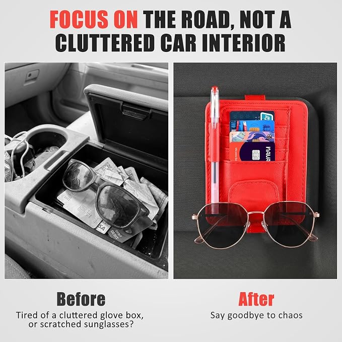 Sunglass Holder for Car Visor, Multi-Pocket Leather Car Sun Visor Organizer with Ticket Pens Card Clip, Sunglasses Holders,Suitable Eyeglasses,Car Accessories Keep Tidy (Red)