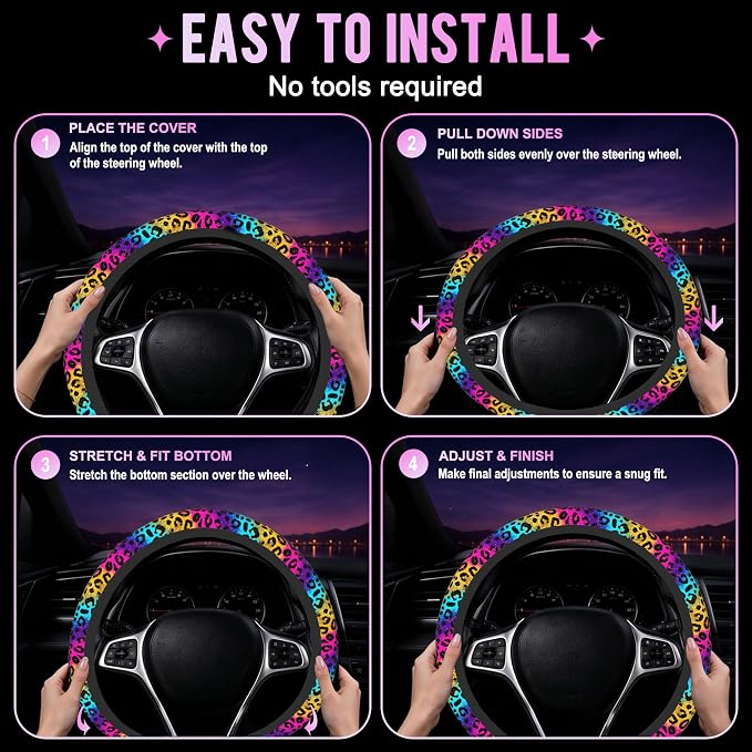 Neon Rainbow Leopard Print Steering Wheel Cover for Women Men Neoprene Breathable Wheel Cover Protector Anti-Slip Car Accessories Universal 15 Inch Fit for Cars Trucks Vehicles
