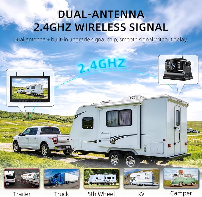 Magnetic Wireless Backup Camera Kit with HD1080P 10” DVR Monitor, Dual RV/Trailer/Truck/Tractor Cameras Wireless System, No Wiring, 9600mAh Rechargeable Battery, IR Night Vision-ACT1002