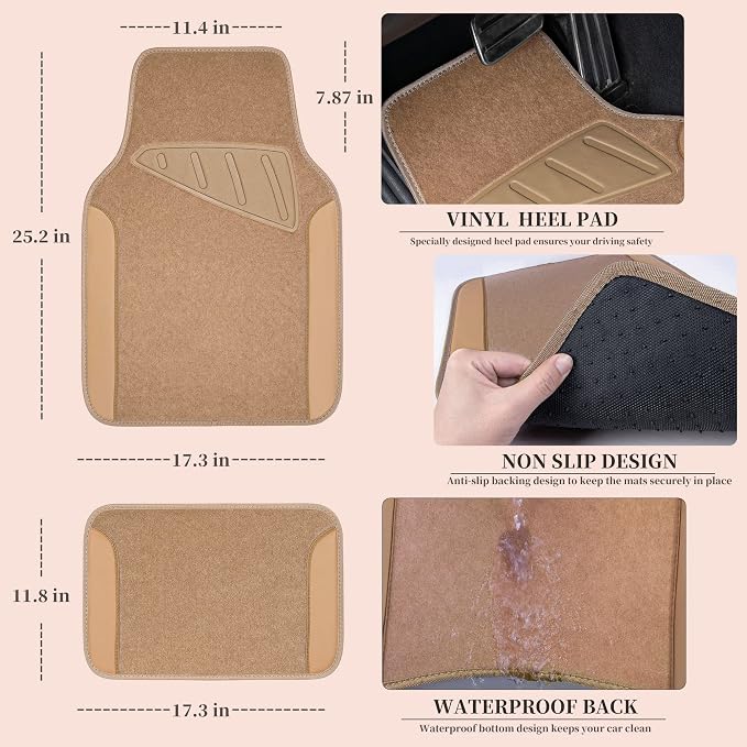 Beige Leather & Waterproof Car Carpet Floor Mats, Universal Car Mats Fit for SUV,Vans,sedans, Trucks,Set of 4pcs Car Carpet with Anti-Slip nibbs Driver Heel Pad (All Beige)