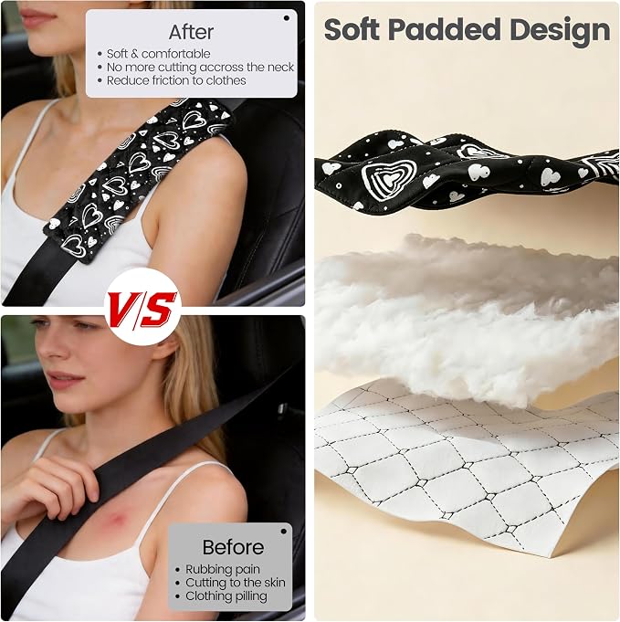 Soft Auto Seat Belt Cover Seatbelt Cushions Shoulder Pad 2 PCS for a More Comfortable Driving Compatible with All Cars and Backpack Cute Black Heart