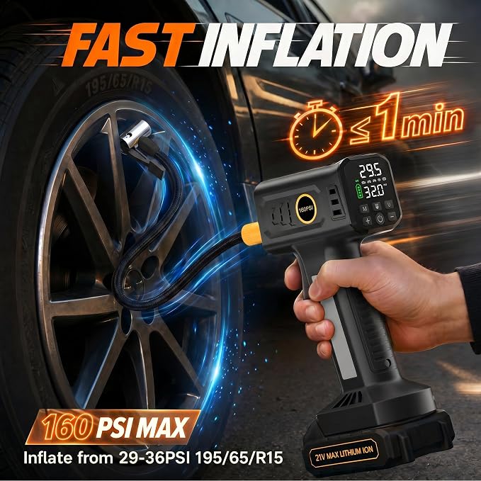 21V Cordless Portable Tire Inflator – Fast Inflation, 160PSI Air Compressor, Rechargeable Battery & 12V Car Adapter, Digital Pressure Gauge, Air Pump for Car, SUV, Motorcycle, Bike, Ball