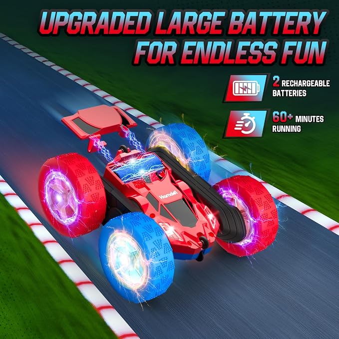 Remote Control RC Car for Kids 6-12, High-Speed 4WD Stunt Car with LED Lights & 360° Rotation, 2.4GHz Off-Road Vehicle Toy with Rechargeable Battery, Cool Valentines and Birthday Gift for Boys