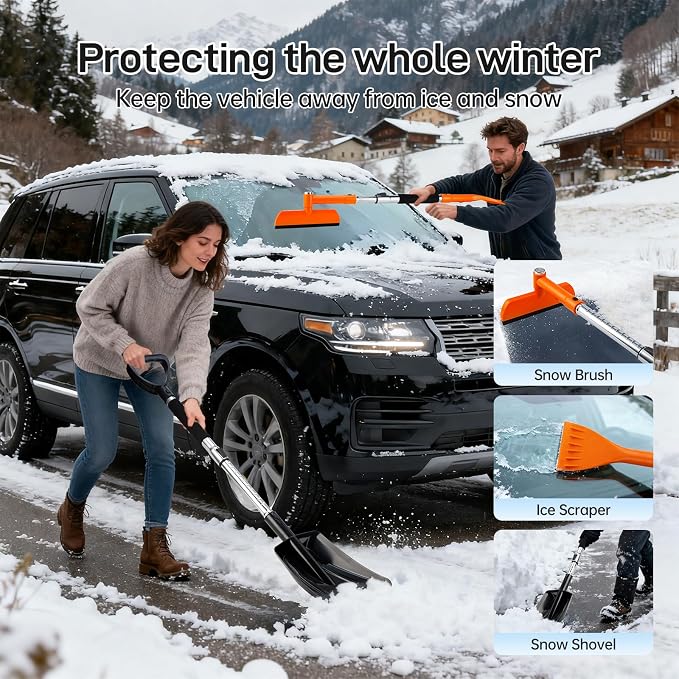 49.2" Car Snow Brush and Ice Scraper for Car Windshield, 3-in-1 Extendable Snow Shovel with Wide Head,180° Pivoting Snow Brush Head and Fpam Grip, Durable Snow Remover for Car Auto Truck SUV