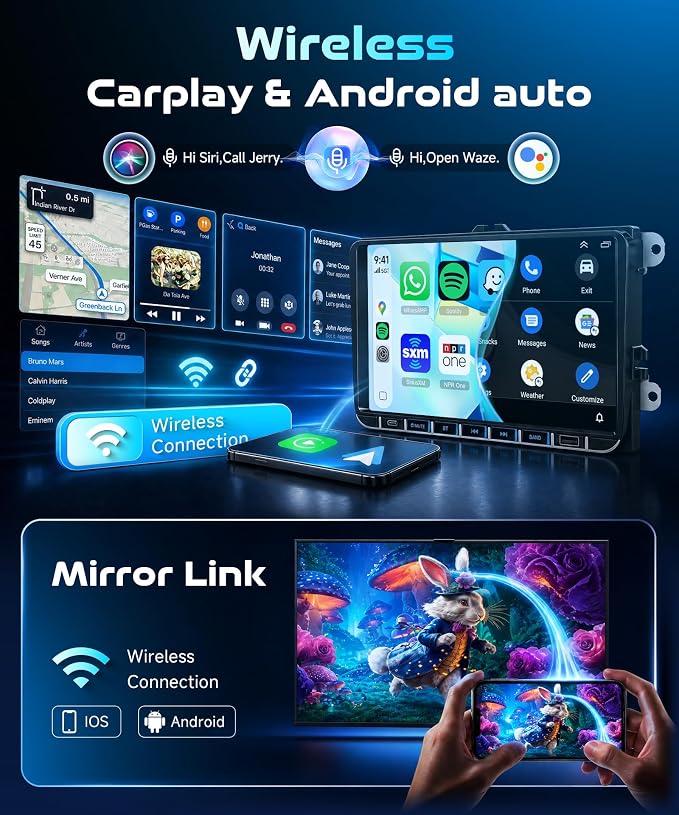 4+64G 9" Car Stereo for VW Volkswagen Seat Golf Passat Jetta Beetle Tiguan | Wireless CarPlay & Android Auto Radio with Android GPS 5G WiFi Bluetooth FM/RDS Dual USB SWC HD Backup Camera