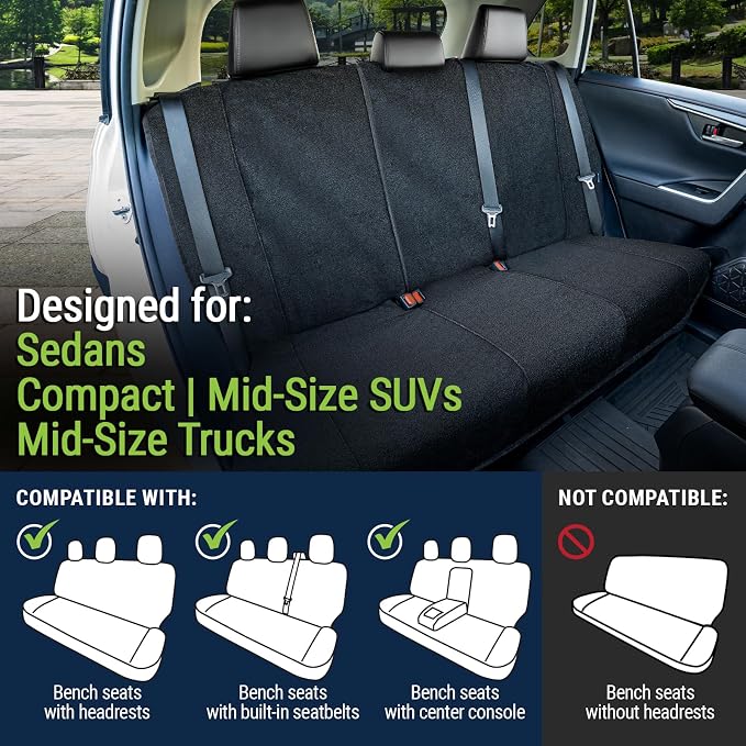 Back Seat Towel Seat Cover for Cars; Great for After Gym Workouts, Dogs, and Outdoor Activities; Universal Fit for Cars SUVs Vans Trucks Rear Seats, EZ fit, Non Slip Grip, Black