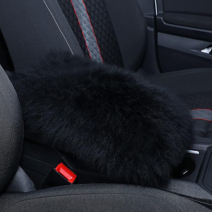 Furry Armrest Cover Auto Center Console Cover Car Soft Console Pad, Real Sheepskin Wool Soft Fluffy Auto Center Armrest Pad for Most Car Decoration Protector(Black)